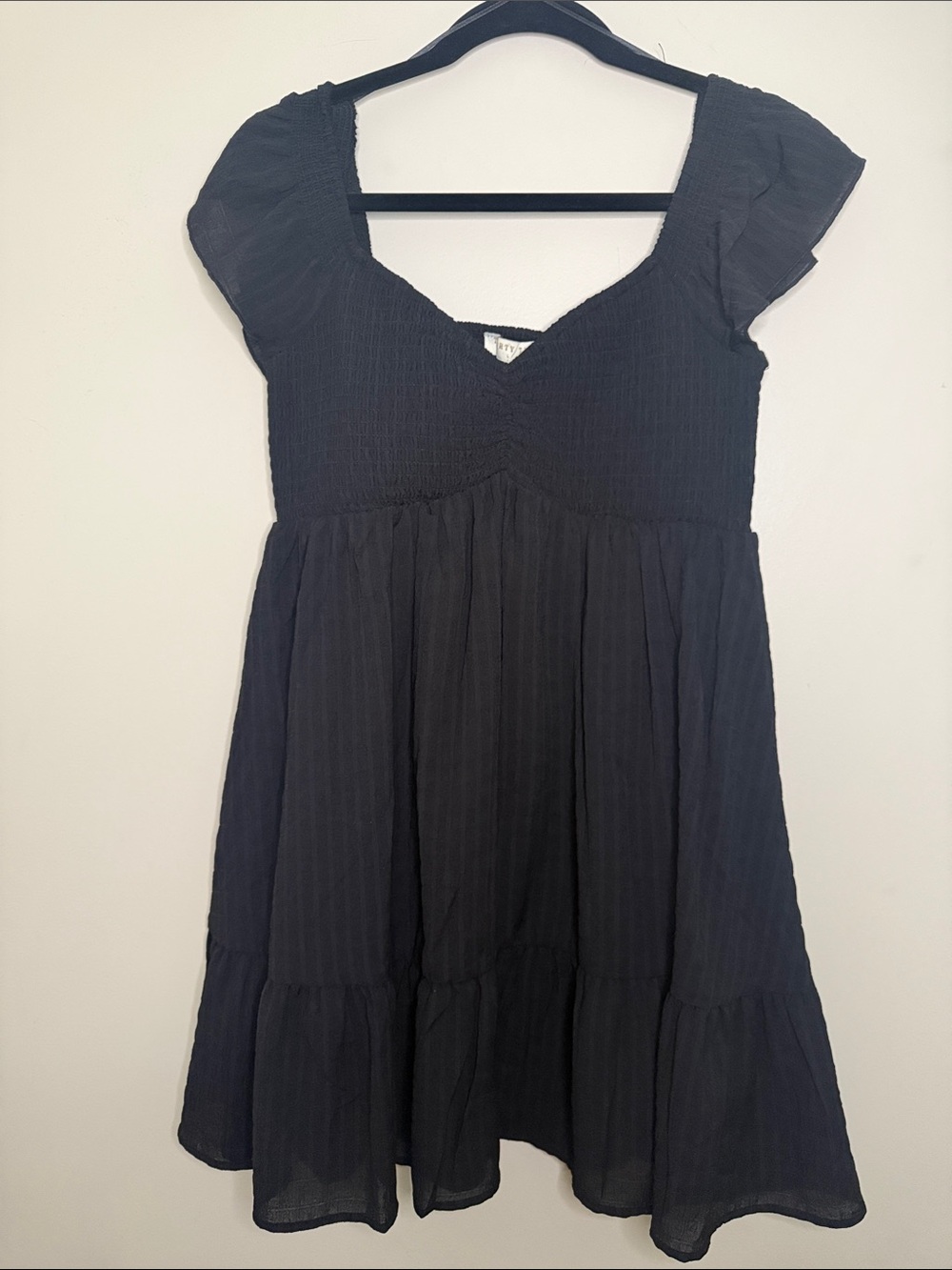 Women’s Black Smocked Bodice Mini Dress with Flutter Sleeves